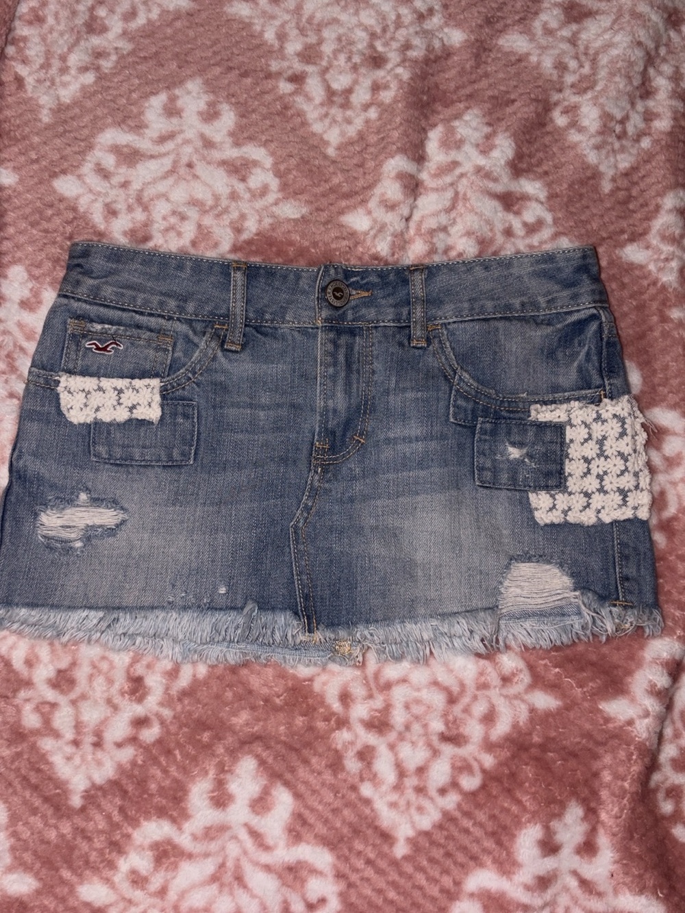 Hollister Y2K Blue Distressed Denim Mini Skirt with Crochet Pockets